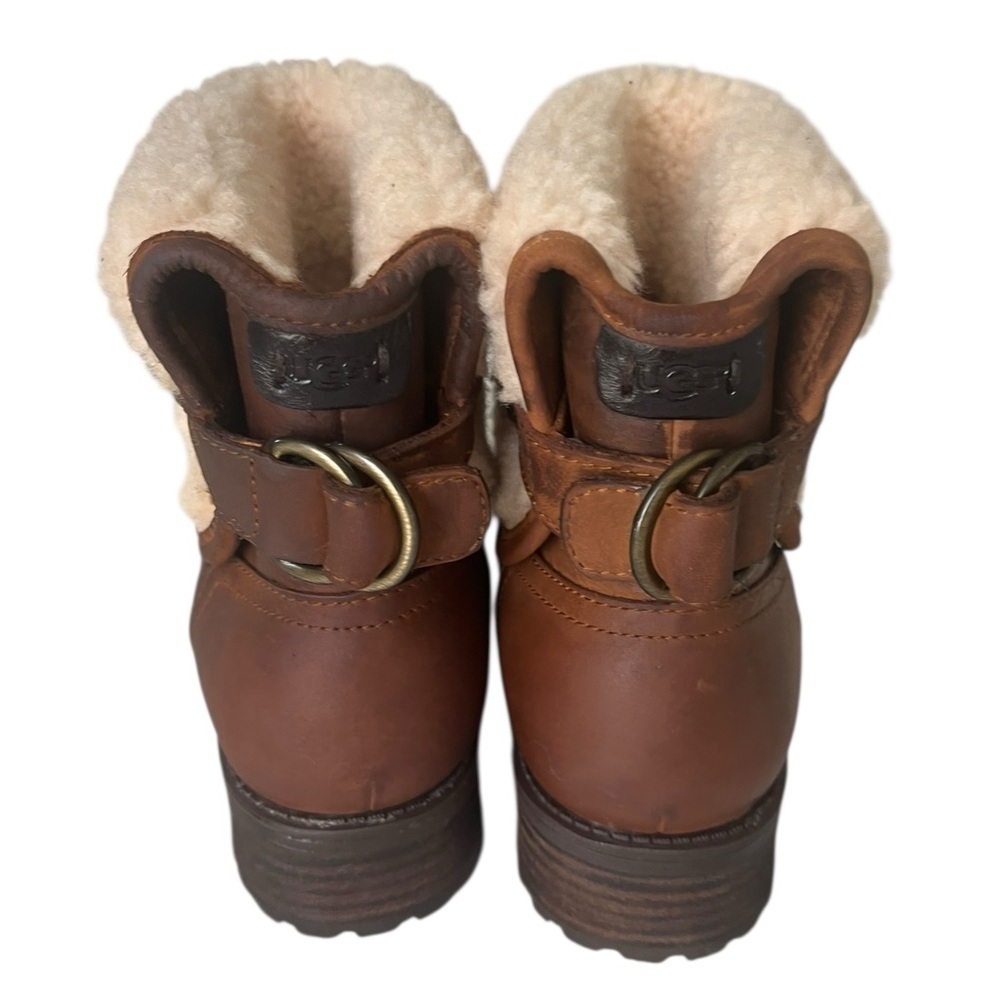 UGG Tan Leather Shearling Cuff Winter Ankle Boots Size 7 - Picture 6 of 9